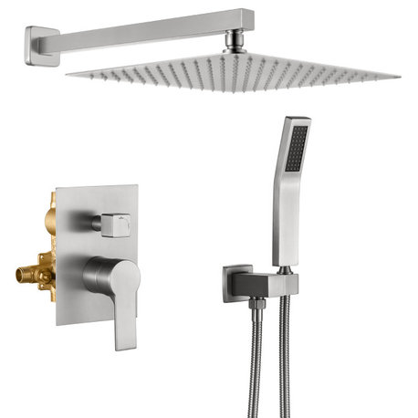 One Handle High Pressure Shower Faucet with Hand Shower and Brass Valve, Brushed Nickel, 10inch