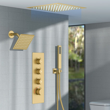 LED Dual Heads 12" Rain Shower System With Thermostatic 4-Way Faucet, Brushed Gold