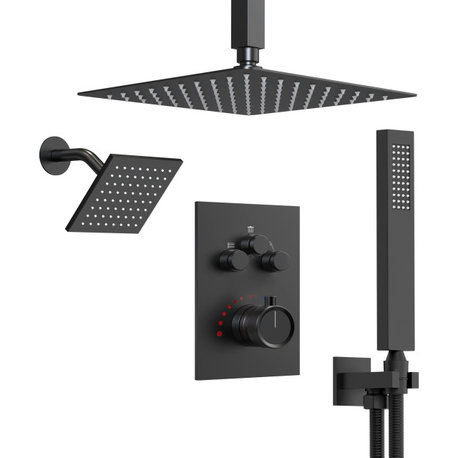 Dual Heads 12" Rain High Pressure Shower System w/ 3 Way Thermostatic Faucet, Matte Black