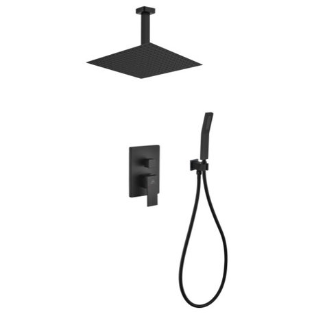 Aqua Piazza Set, 12" Ceiling Mount Square Rain Shower and Handheld, Matte Black