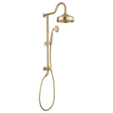 Antique Brass Exposed Pipe Shower With Handheld Shower, Brushed Gold