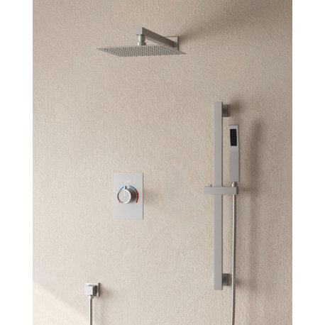 Modern Rain Shower System With Slide Bar Hand Shower, Brushed Nickel, 10"