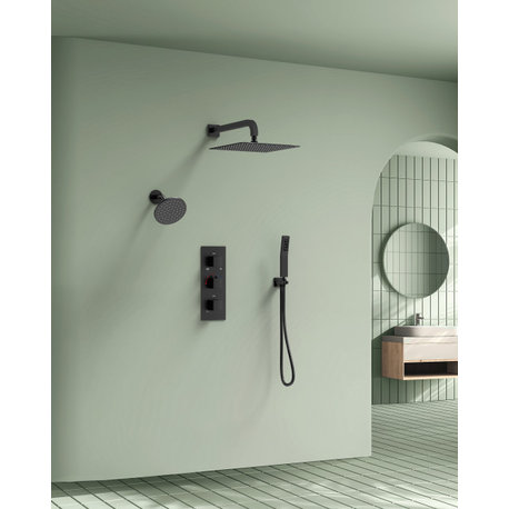 Dual Shower System 12"Rainfall Shower Head with 3-Way Thermostatic Valve, Matte Black