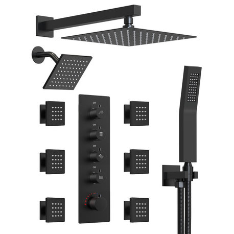 Dual Heads 16" Thermostatic Shower System With Hand Shower, Matte Black