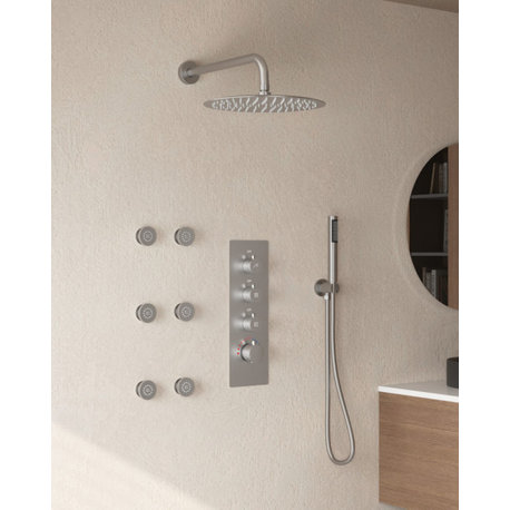 Thermostatic Luxury Shower System With Shower Head,Hand Shower And 6 Body Jets, Brushed Nickel, 12"