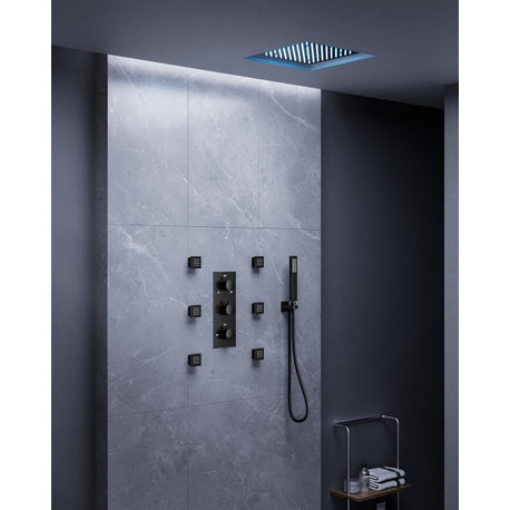 LED Thermostatic Shower System 12" Rain Shower Head with 6 Body Jets, Matte Black