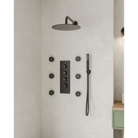 Thermostatic Luxury Shower System With Shower Head,Hand Shower And 6 Body Jets, Matte Black, 12"