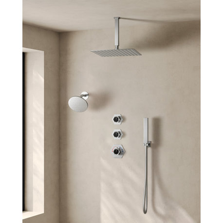 Dual Heads 12" Rainfall & High Pressure 6" Shower System With Thermostatic Valve, Brushed Nickel