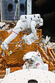 Mission Specialist Michael Good (right) and Michael Massimino work in the payload bay of Atlantis during the mission's second spacewalk.