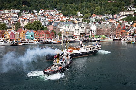 The ships SS Stord I and MS Vulcanus in Bergen, by Tore Sætre