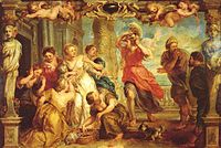 Workshop of Peter Paul Rubens Achilles discovered by Ulysses among the daughters of Lycomedes label QS:Len,"Achilles discovered by Ulysses among the daughters of Lycomedes" label QS:Lpl,"Achilles odkryty przez Ulissesa wśród córek Likomedesa" label QS:Lnl,"Odysseus ontdekt Achilles temidden van de dochters van Lykomedes" . 1625-1630. 107.5 × 145.5 cm (42.3 × 57.2 in). Madrid, Museo del Prado.