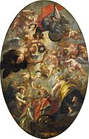 Peter Paul Rubens and workshop. The apotheosis of James I label QS:Len,"The apotheosis of James I" label QS:Lpl,"Apoteoza Jakuba I Stuarta" label QS:Lnl,"De apotheose van Jacobus I van Engeland" . 1630-1634. oil on canvas medium QS:P186,Q296955;P186,Q12321255,P518,Q861259 . London, Banqueting House.