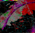 A doppler radar image indicating the presence of a tornado over De Land, Florida.