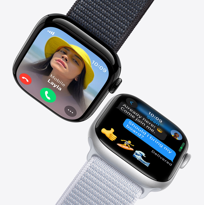 Zwei Apple Watch Displays. Das erste zeigt einen eingehenden Anruf. Das zweite zeigt eine Textnachricht.