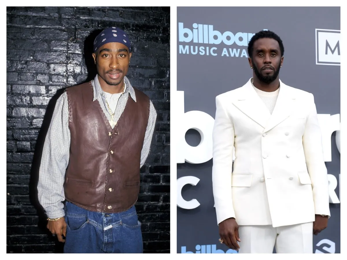 Tupac wears a brown vest and blue bandanna. He stands in front of a black brick wall. Diddy wears a white suit and stands on a red carpet.