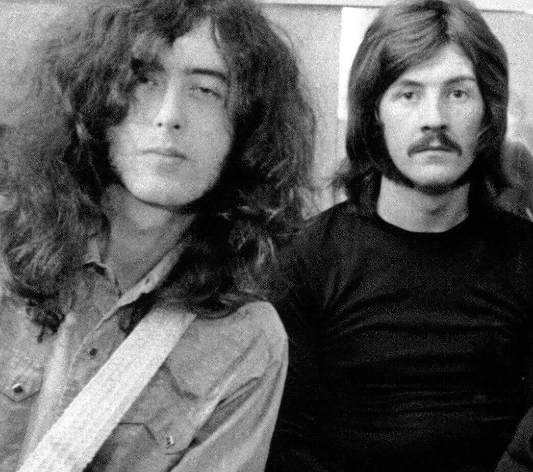 Led Zeppelin's Jimmy Page and John Bonham in black-and-white