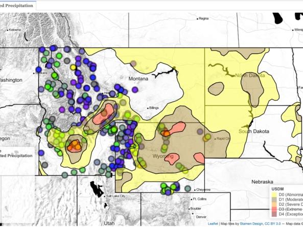 Representative map of accumulated precipitation from the Upper Missouri River Basin Dashboard