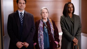 'Matlock' stars Jason Ritter as Julian, Kathy Bates as Madeline 'Matty' Matlock, and Skye P. Marshall as Olympia, shown here standing next to each other in an elevator