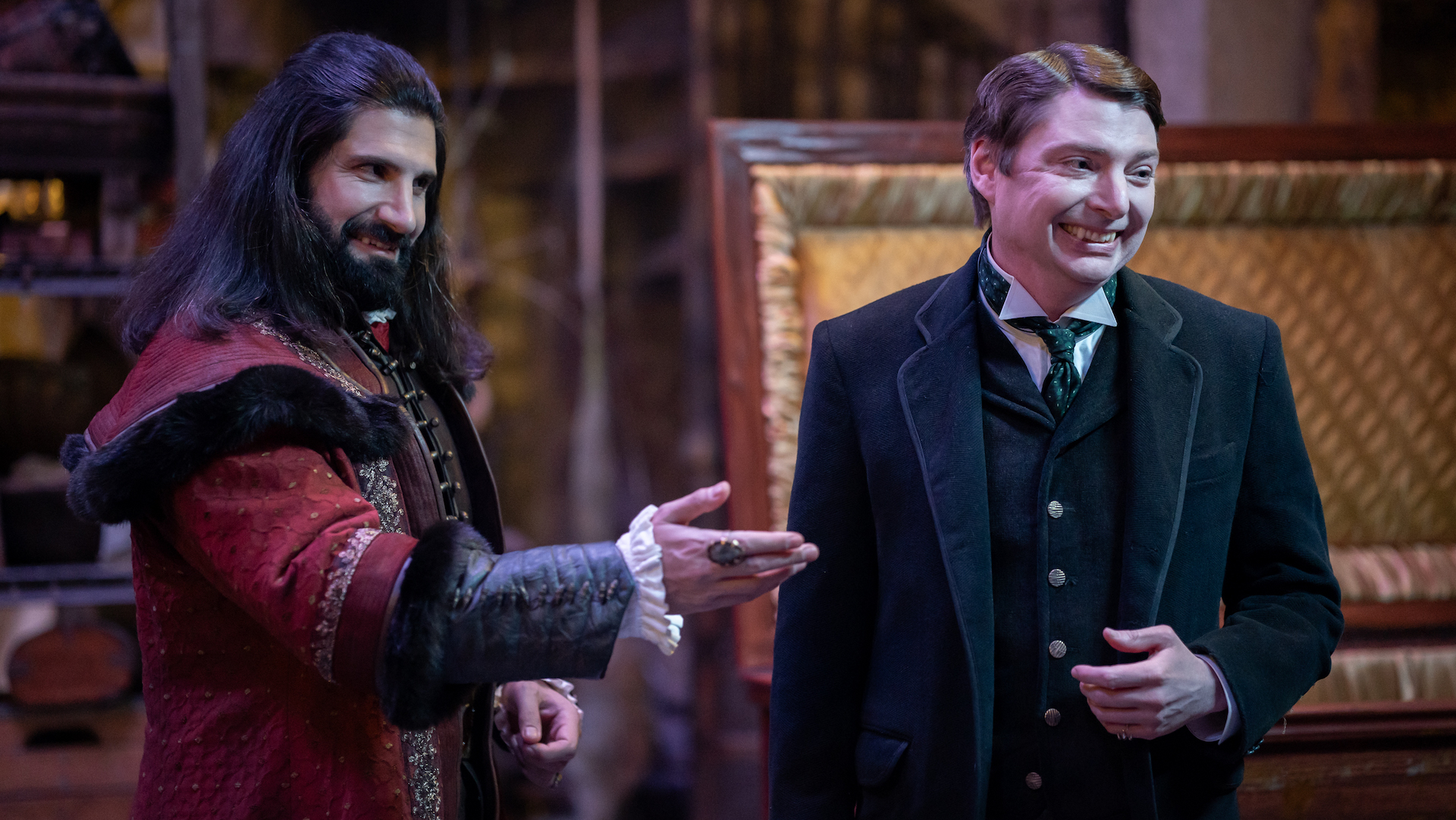 “WHAT WE DO IN THE SHADOWS” -- “The Return of Jerry” -- Season 6, Episode 1 (Airs October 21) — Pictured (L-R): Kayvan Novak as Nandor, Michael Patrick O'Brien as Jerry.  CR: Russ Martin/FX