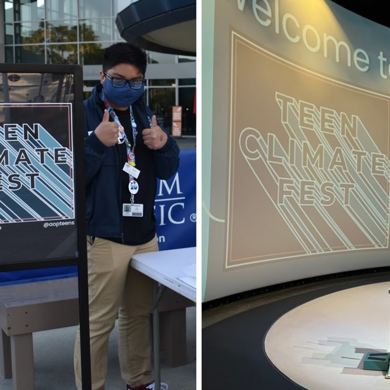 (Left) One person standing and posing with two thumbs up next to a sign that reads “Teen Climate Fest”. (Right) A podium with a microphone is set up on a stage. A big screen is taking up the wall behind the podium, displaying the text “Teen Climate Fest”.