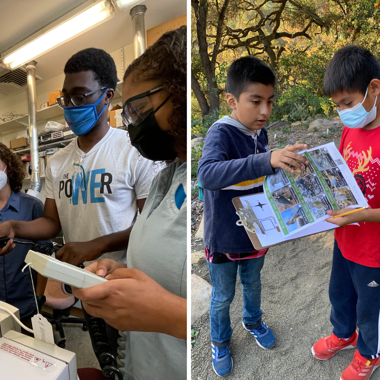 Three photos side-by-side. The first photo shows three students around a large piece of lab equipment. All three are focused on an instrument that one student appears to be inserting into the equipment. The second photo shows two children stand near a creek and look at a clipboard that holds papers about a watershed and its local wildlife. Photo three: An undergraduate scholar stands on a rocky shore and smiles at the camera, she's wearing a jacket, waders, and knee pads, and holds field equipment.