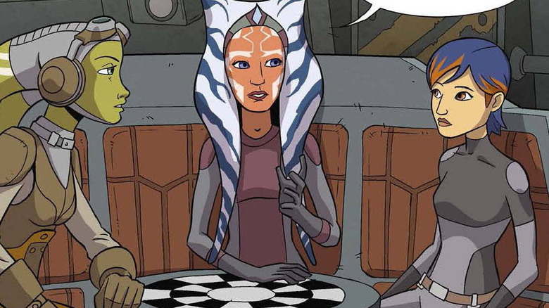 Hera Syndulla, Ahsoka Tano, and Sabine Wren talking 