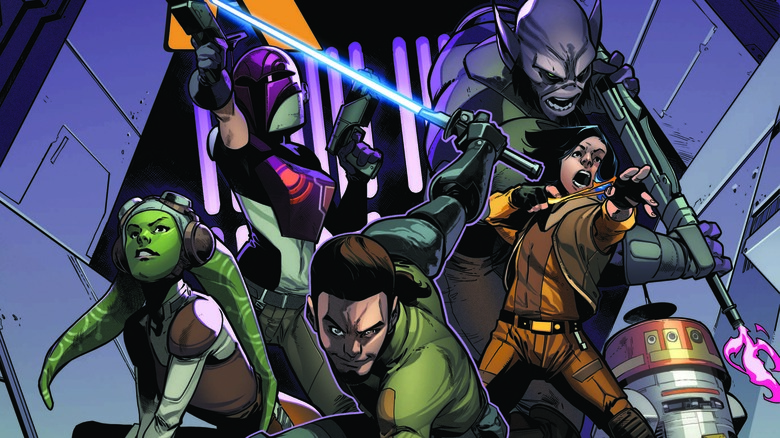 Kanan Jarrus leading Hera Syndulla, Sabine Wren, Zeb Orrelios, Ezra Bridger, and Chopper in a fight