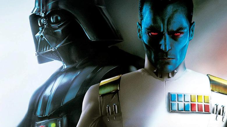 Darth Vader and Grand Admiral Thrawn posed on the cover of a book